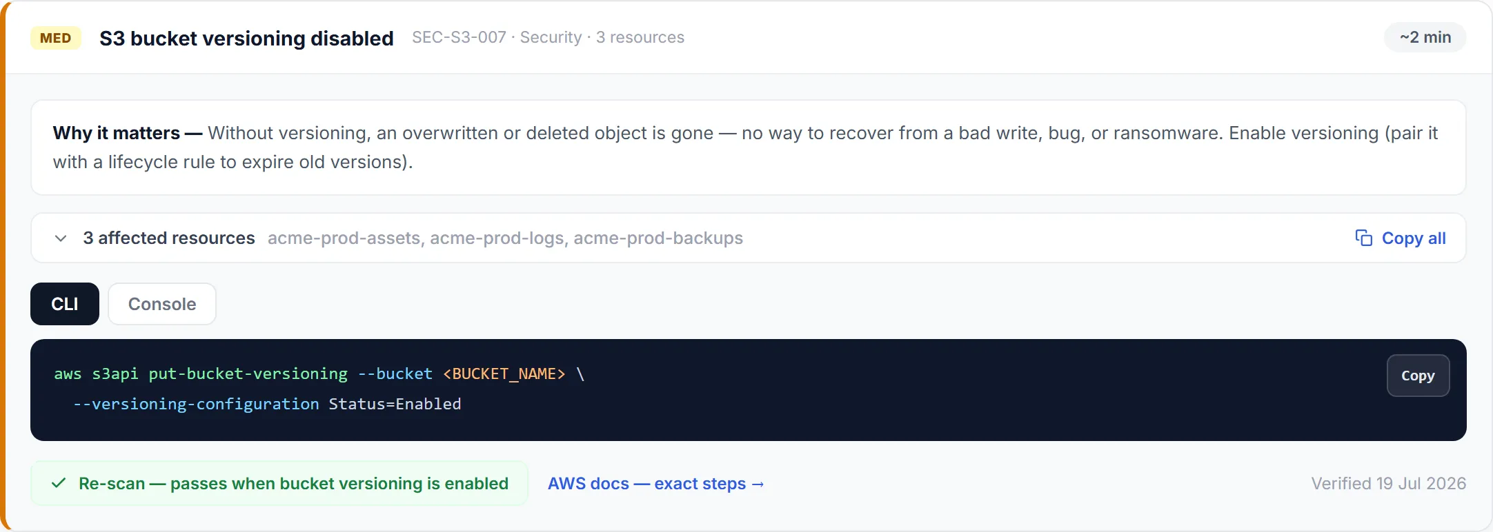 An Infrox remediation: the S3 bucket versioning check, with why it matters, the three failing buckets, a CLI tab and a Console tab, the exact AWS CLI command, the condition the re-scan checks, and the date the fix was last verified.